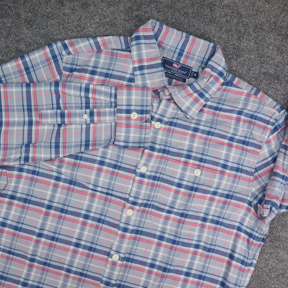 Vineyard Vines Slim Longshore Shirt Mens Med Blue Plaid Cotton Linen Preppy